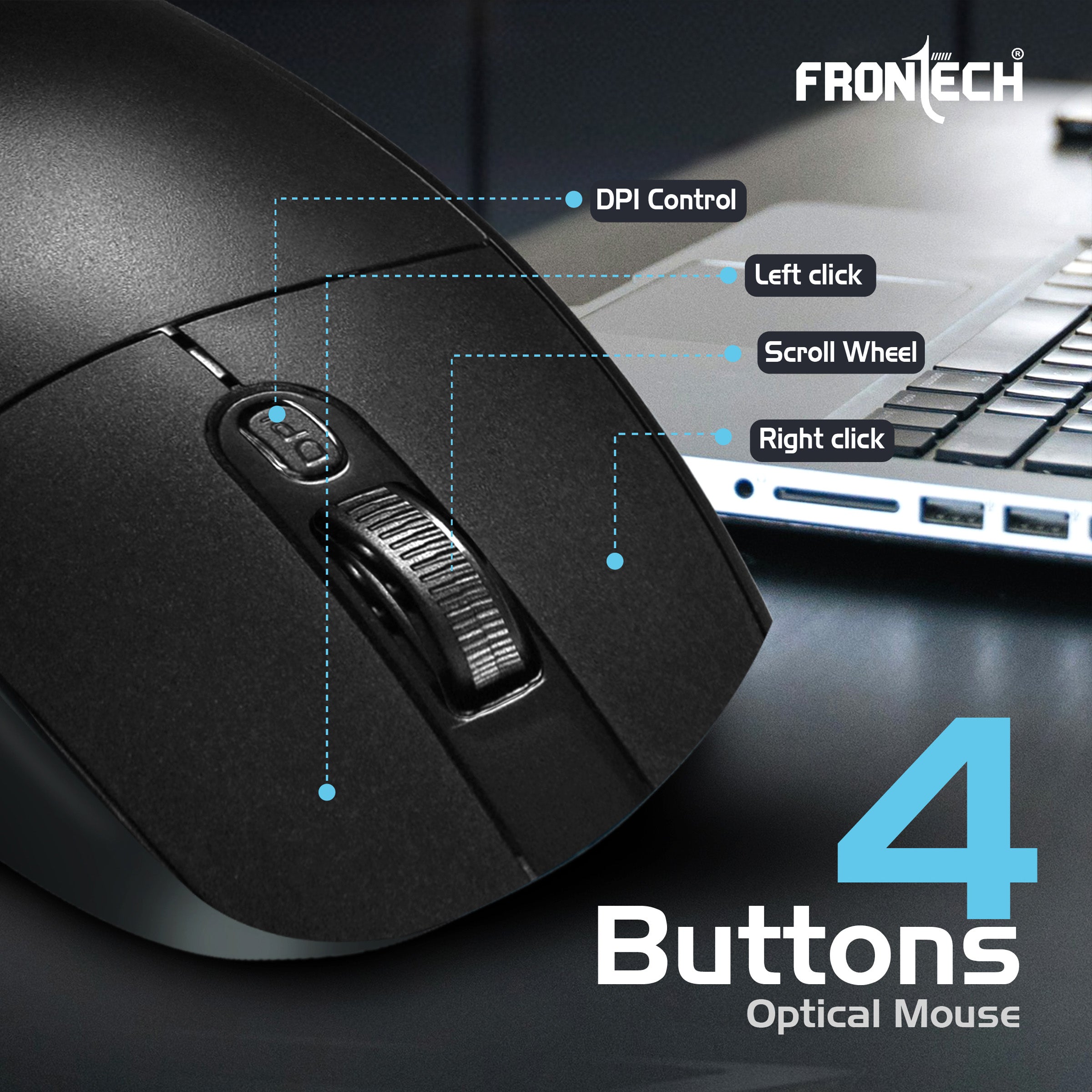 Frontech Wireless Optical Mouse | 2.4GHz | 1600DPI | USB Nano Receiver | Ergonomic Design | Black (MS-0056) Frontech Wireless Optical Mouse | 2.4GHz | 1600DPI | USB Nano Receiver | Ergonomic Design | Black (MS-0056)